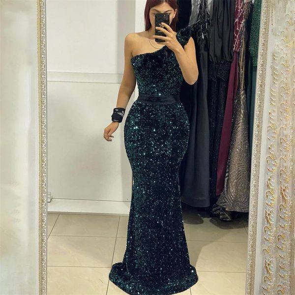 Sexy paillettes vert paillettes sirène robes de soirée 2023 une épaule robe de bal arabie dubaï brillant robes de soirée