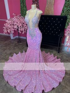 Sexy Glitter Roze Zeemeermin Galajurken Pure Hals Kristal Pailletten Party Homecoming Jurken Robe De Bal