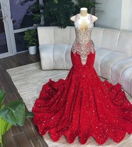 Sexy Glitter Red Mermaid Prom Dresses 2023 Luxury Sheer Neck Crystal Lentejuelas Fiesta de cumpleaños Vestidos Homecoming Robe De Bal