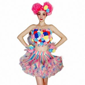 Sexy Gogo Dance Costume Rainbow Lace Fr Top Tutu Falda Mujeres Jazz Dance Ropa Fiesta Dj Ds Stage Festival Outfit XS6780 C2MB #