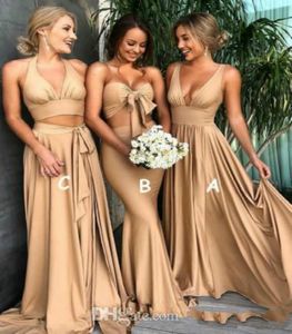Sexy gouden bruidsmeisje jurken zij-split 2021 A lijn v-hals lange boho avondjurk meid van eer jurken plus size party gasten draagt