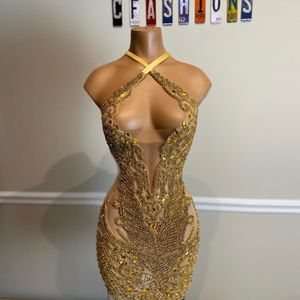 Robe De Cocktail dorée Sexy pour femmes, col licou, perles De cristal, robe De fête d'anniversaire, robes De boîte De nuit De luxe