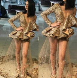 Sexy Gold One Shoulder 2020 Prom Dresses Ruffles Peplum Sequine Illusion Sequins Appliques Ver a través de túnicas formales de vestir de noche2491804