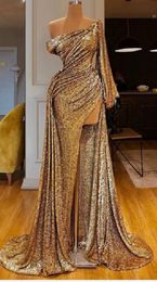 Sexy Gouden Pailletten Avondjurken 2023 Lange Plus Size Hoge Split Prom Partij Jassen Met Overrok Robe De Soiree