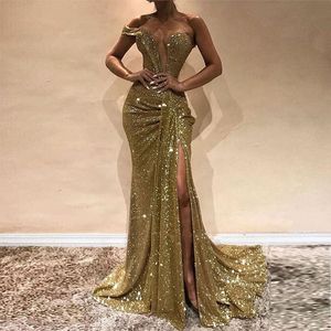 Sexy Gouden pailletten Mermaid Avondjurken Sweetheart Split Side Floor Lengte Sparkly Prom Dresses Formele Toga Sweep Trein