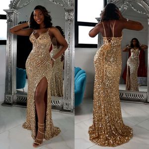 Sexy gouden pailletten zeemeermin prom jurk zwarte spaghetti avond elegante gesplitste Afrikaanse formele jurken voor vrouwen 0515