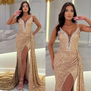 Sexy gouden pailletten zeemeermin prom jurk spaghetti avondjurken elegante front split backless formele jurken voor vrouwen