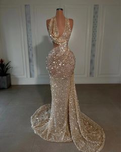 Sexy Gold Sequins Mermaid Prom Party Dresses 2023 Cutway Waist Formal Evening Pageant Gowns Robe De Soiree