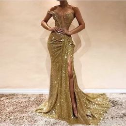 Sexy gouden pailletten één schouder prom jurken zeemeermin plooien spleet plungende lange formele avondfeestjurken 2023 robe de soiree bc14632