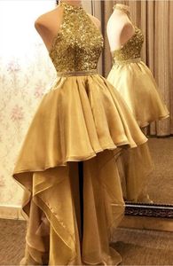 Sexy paillettes d'or robes de bal licou brillant haut bas dos nu perlé sur mesure robe de soirée robes formelles Ocn Wear 401 401