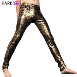 Sexy Gold Snake Métallique Stretch Cuir Pantalon Hommes 2023 Mode Discothèque PU Pantalon Mens Party Prom Stage Chanteur Vêtements 231225