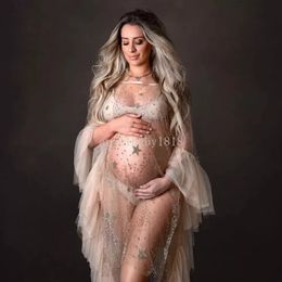 Sexy Gouden Ster Tule Moederschap Fotografie Prop Jurken Flare Mouw Zien Door Zwangere Vrouwen Zwangerschap Fotoshoot Jurk
