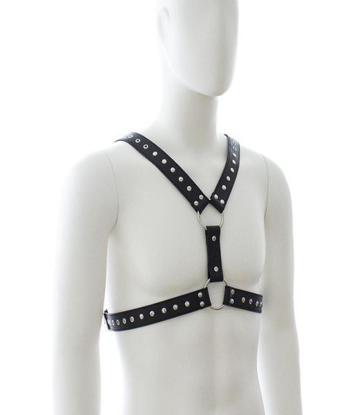 Sexy gothique mâle en cuir poitrine Bondage corps harnais Goth sangle ceintures puissant clouté Costume fantaisie homme sauvage robe BDSM jeu sexuel4077486