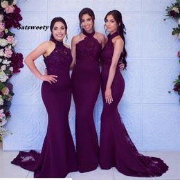 Sexy Druif Mermiad Bruidsmeisje Jurk Goedkope Lange Hoge Hals Bruiloft Gast Black Girl Wedding Prom Avond Party Gowns295m