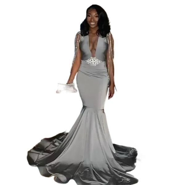 Sexy Grey Satin Mermaid Prom Dresses Long Deep V Neck Beaded Tassel Sweep Train Vestido formal Party Vestidos de noche para Black Girls ogstuff