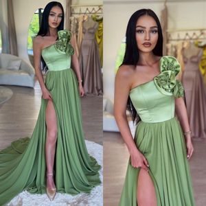 Sexy groene prom -jurken Stapelless Ruffles bloem avondjurken plooien spleet formele lange speciale ocn feestjurk