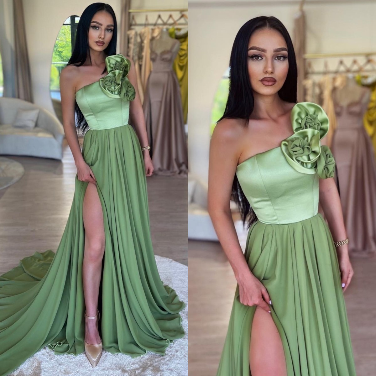섹시한 녹색 무도회 드레스 스테이프리스 프러플 플라워 이브닝 가운 주름 슬릿 형식 긴 특별한 OCN 파티 드레스