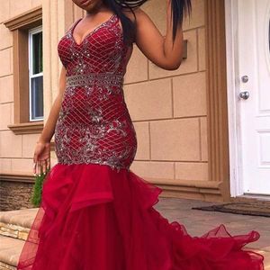 Sexy halter Backless Long Mermaid Prom jurken pailletten kanten applique gelaagde glitter Afrikaanse vrouwen prom brithdday feestjurken 2023 formele avondjurk