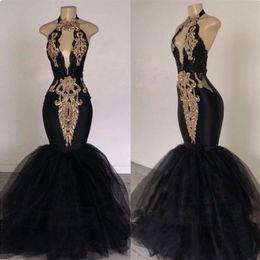 Sexy licou noir sirène robe de soirée col en V profond or Appliques dos nu Tulle robe de bal magnifiques robes de soirée301B