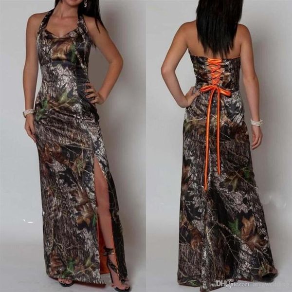 Sexy Halter Corset Mermaid Slit Camo Vestidos de fiesta de noche Camuflaje Vestidos largos de fiesta de graduación Vestido formal con encaje Up2819