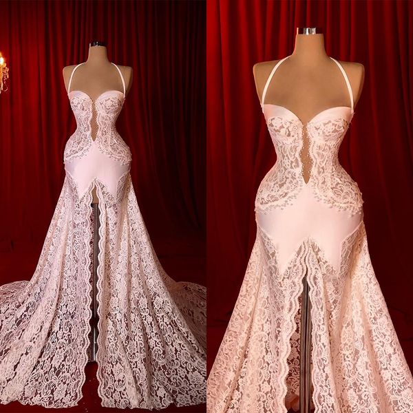 Robe De mariée Sexy en dentelle, col licou, Vintage, fente haute, sur mesure, longueur au sol, robe De soirée