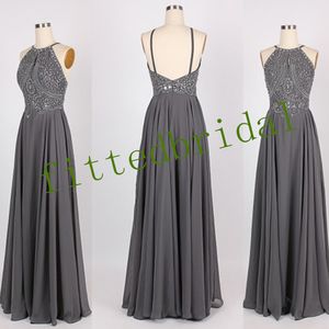 Sexy Halter Lange Prom Jurken Crystal Chiffon Evening Toga Backless Plus Size Boutique Gelegenheid Jurk