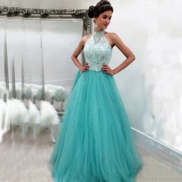 Sexy Halter Lange Prom Jurken Mouwloze Beaded Pailletten Kant Applicaties Aqua Blue Floor Lengte Formele Avond Feestjurken