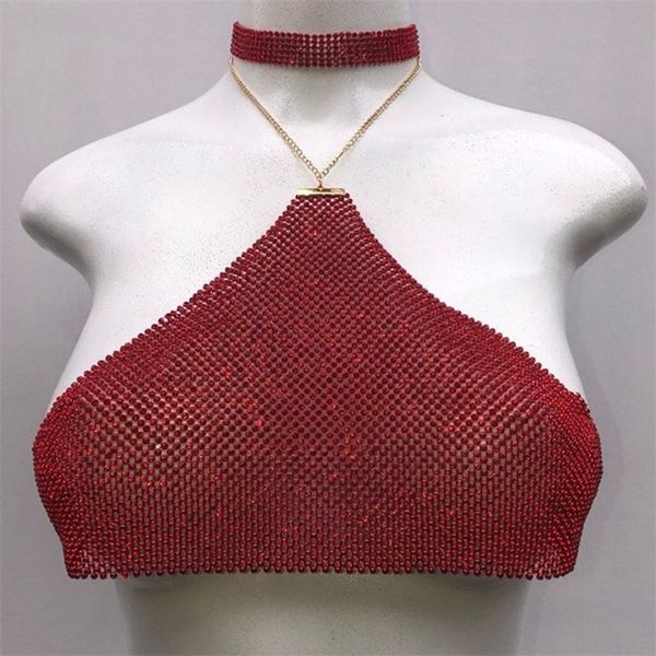 Sexy Halter Cadena de metal Diamond Crop Top Mujeres Y2K Sparkling Bling Beach Bralette Verano Topy Recortado Night Club Party Tank Tops 220316