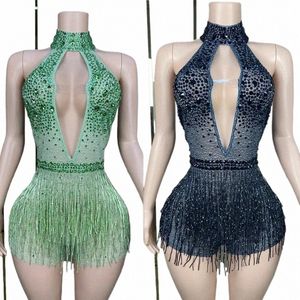 Sexy Halter Pole Dance Outfit Black Rhinestes Body à franges Femmes Discothèque Dj Ds Stage Rave Vêtements XS7484 h7ao #