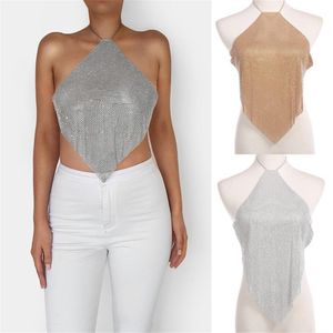 Sexy Halter Strass Diamants Crop Tanks Femmes Low Cut Réglable Chaîne En Métal Dos Nu Camisole Crop Top