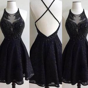 Sexy Halter Vestidos Festa Sheer Neck Little Black Cocktail Jurken Criss Cross Backless Kralen Top Kant Prom Feestjurken