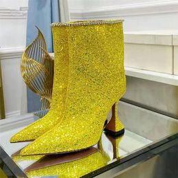 Botas sexis de tacón alto para mujer, botines con punta estrecha y lentejuelas para fiesta, botas cortas ostentosas con tacón de copa para mujer, zapatos de cristal para mujer