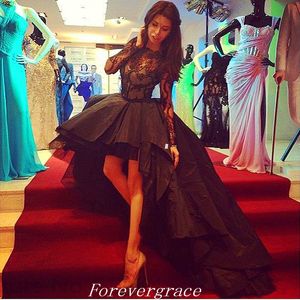Sexy Hoge Low Prom Dress Black Color Lace Lange Mouwen Formele Vrouwen Dragen Pageant Party Town Custom Made Plus Size