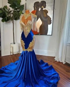 Robe De bal longue et Sexy pour filles noires, col haut, avec des franges, bleu Royal, dos nu, avec des Appliques, pour fête d'anniversaire, Robe De soirée