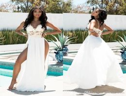 Robes de mariée sexy en mousseline de soie fendue sur le côté haut bohème pas cher simple dentelle appliques spaghetti plage une ligne robes de mariée 4806706