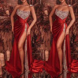Robes de bal sexy en paillettes fendues sur le côté haut, robe de soirée sirène en Satin rouge foncé, robes formelles de demoiselle d'honneur