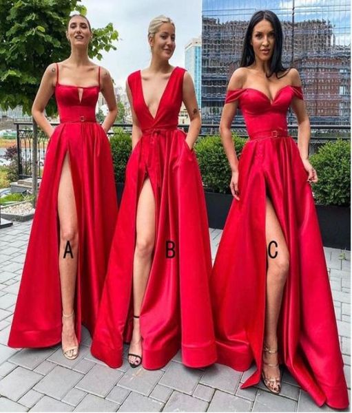 Sexy abertura larga vestidos de dama de honor rojos cuello cuadrado correa de espagueti bolsillo una línea 2022 mujeres vestido largo de fiesta de boda Vestidos C051711147