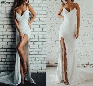 Robes de mariée sexy à fente haute pour femmes, bretelles spaghetti en dentelle, style bohème, robe de mariée de plage, sans manches, longue robe de soirée de réception pour mariée CL1998