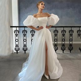 Sexy hoge gesplitste trouwjurk lantaarn mouw strapless bobo strand a-line bruids trouwjurken vegen trein bruid jurken 2022