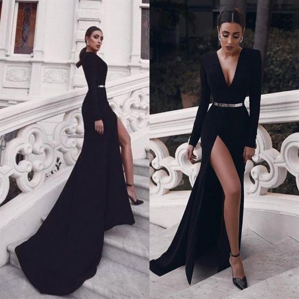 Vestidos de noche negros con abertura en el muslo sexy Manga larga Cuello en V Mujeres Vestidos para ocasiones formales Met Gala Celebrity Wears BC4471210b