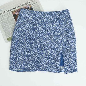 Sexy taille haute une ligne imprimé fleuri jupes Vintage Tartan bleu femmes jupe courte Slim rétro sexy jupe 210510