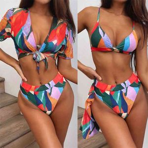 Sexy Hoge Taille Bikini Three-Pieces Print Dames badpak Korte Mouw V-hals Badmode Cut Badpak 210621