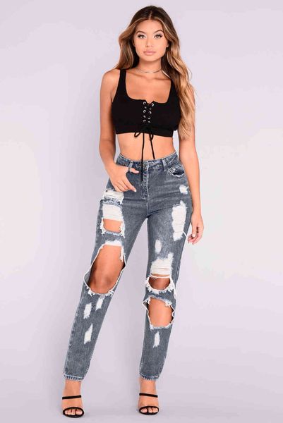 Pantalones de mezclilla desgastados con agujeros sexy Pantalones delgados de cintura alta Lápiz rasgado Pantalones vaqueros rasgados para mujer Estilo punk 90 Verano 210517