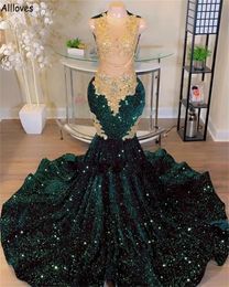 Sexy Hollow Dark Green Sequined Aso Ebi Prom Dresses Long Mermaid Gold Lace Sheer Neck Ocasión especial Vestidos de noche Tallas grandes Mujeres Vestidos formales De Festa CL2356