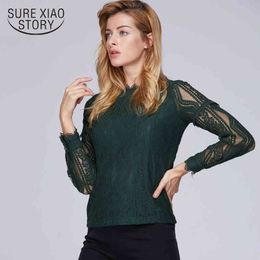 Sexy holle kanten top vrouwelijke shirt mode vrouw blouses lange mouw lave blouse vrouwen tops effen groen C896 45 210508