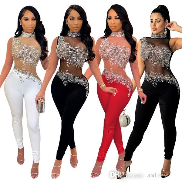 Sexy Hollow Out Sequin Jumpsuits Sexy Mesh Hot Drill Sin mangas Ropa de mujer Formal Negro Rhinestone Fringe Pantalones de una pieza