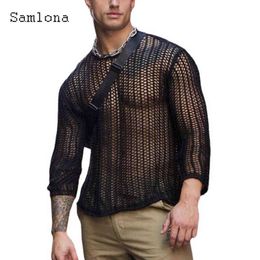Sexy évider T-shirt hommes à manches longues hauts à la mode 2022 été nouveaux pulls décontractés tricotés chemises vêtements grande taille S-3XL Y220426