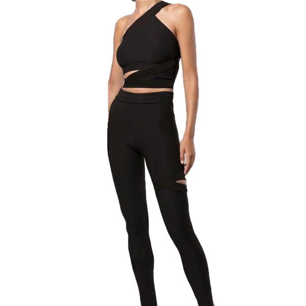 Sexy évider survêtements femmes croix sangle jarretelle soutien-gorge haut perforé Leggings été Sports de plein air collants