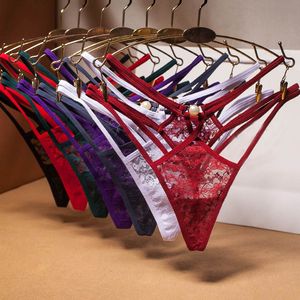 Bragas transparentes huecas para mujer, ropa interior de encaje con perlas, Tanga de banda cruzada, pantalones, bragas, Tanga, ropa interior sexy