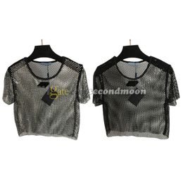 Sexy holle t-shirt dames glanzende pailletten cropped tee luxe metalen badge tees t-shirts met korte mouwen